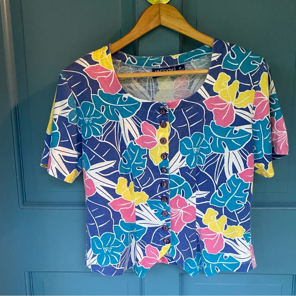 Vintage Jaclyn Sport short sleeve colorful leaf print Costa Rica top shirt M
